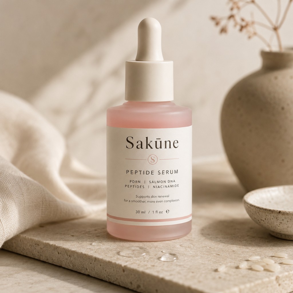 Sakūne Pink Peptide Serum in a frosted pink bottle on a stone slab