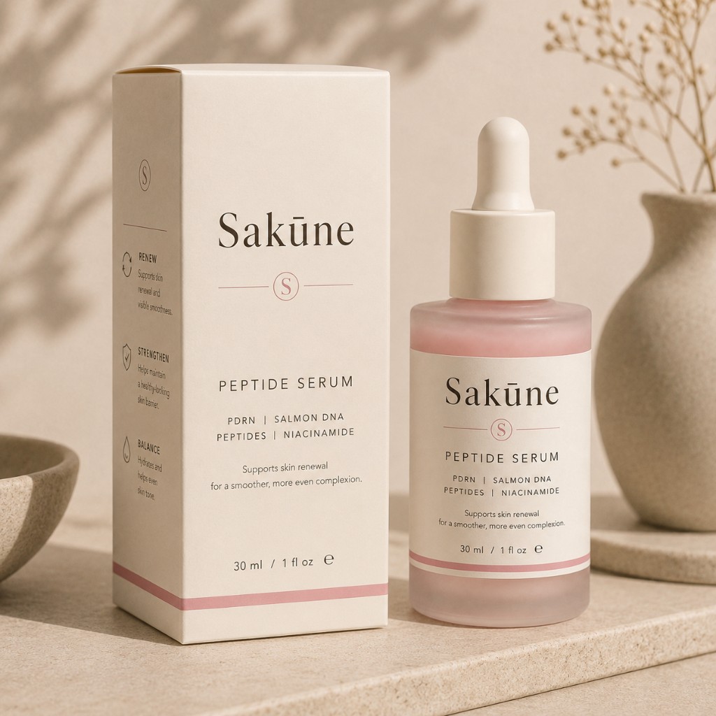 Sakūne Pink Peptide Serum bottle and carton